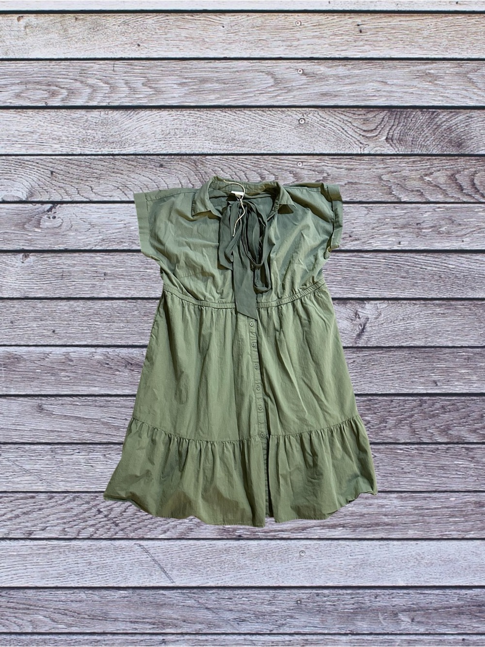 Olive Green Button Front Shirt Dress w/ Tie Waist